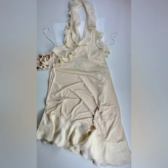 Jean Paul Gaultier Cream Silk & Rayon Backless Ruffle Halter Wrap Dress, Sz L - Picture 9 of 16